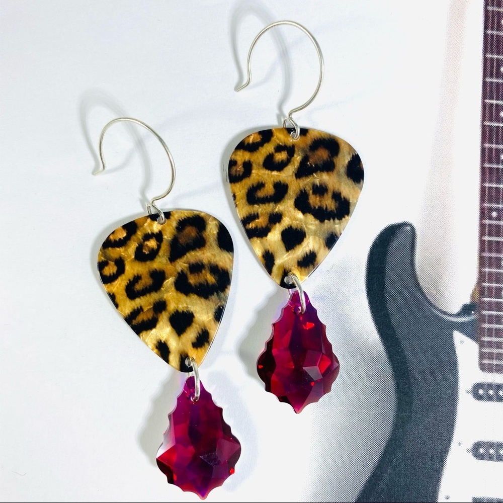 Killer Leopard print cranberry crystal Guitar Pick Earrings OOAK